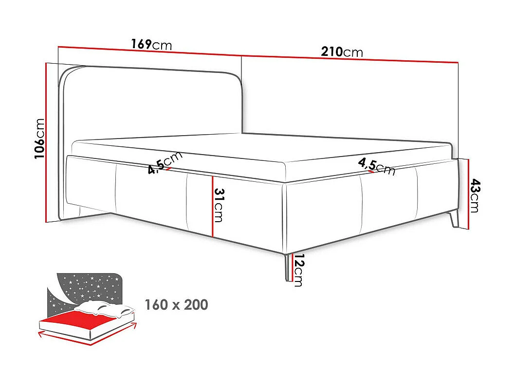 Lit ComfiDream 188, Double, Brun clair, 160x200, Tissu, Disponible, 169x210x106cm