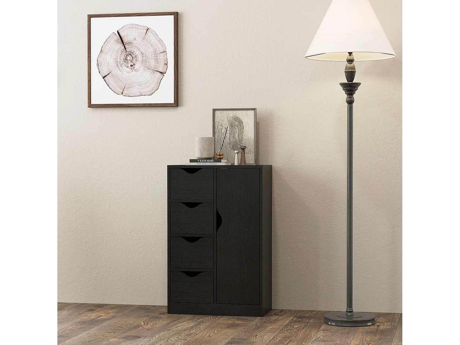 Meuble de rangement moderne 1 porte 4 tiroirs - panneaux particules noir grain de bois