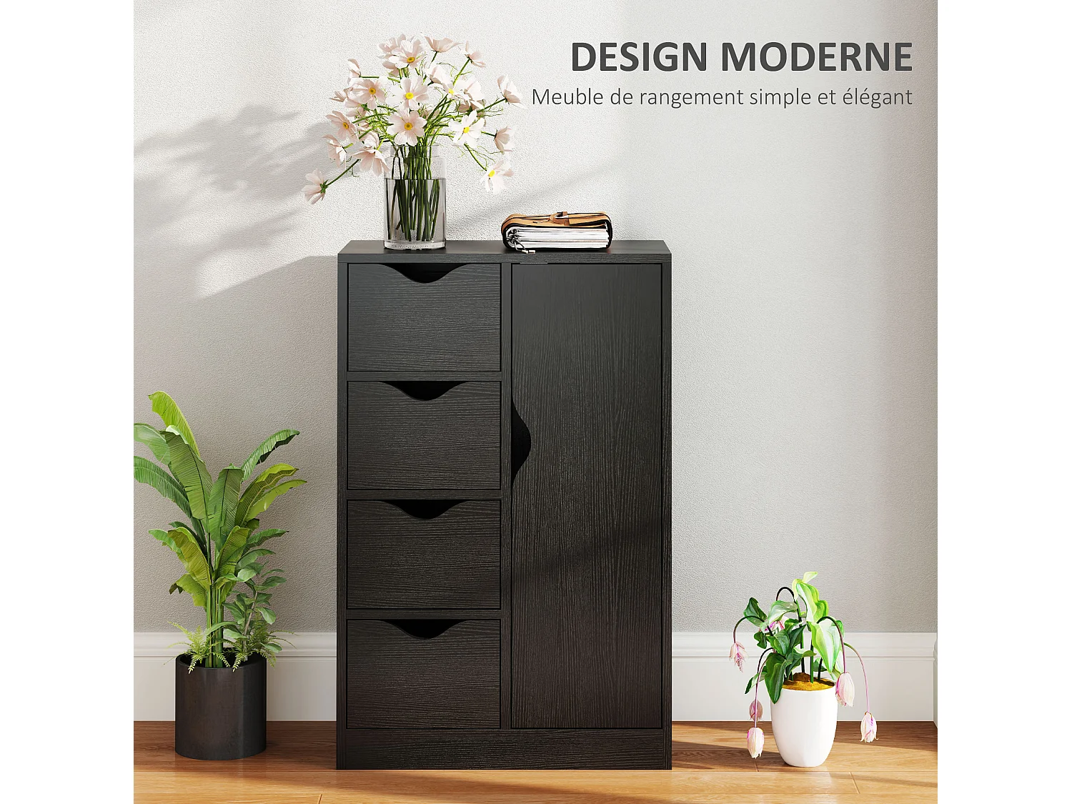 Meuble de rangement moderne 1 porte 4 tiroirs - panneaux particules noir grain de bois