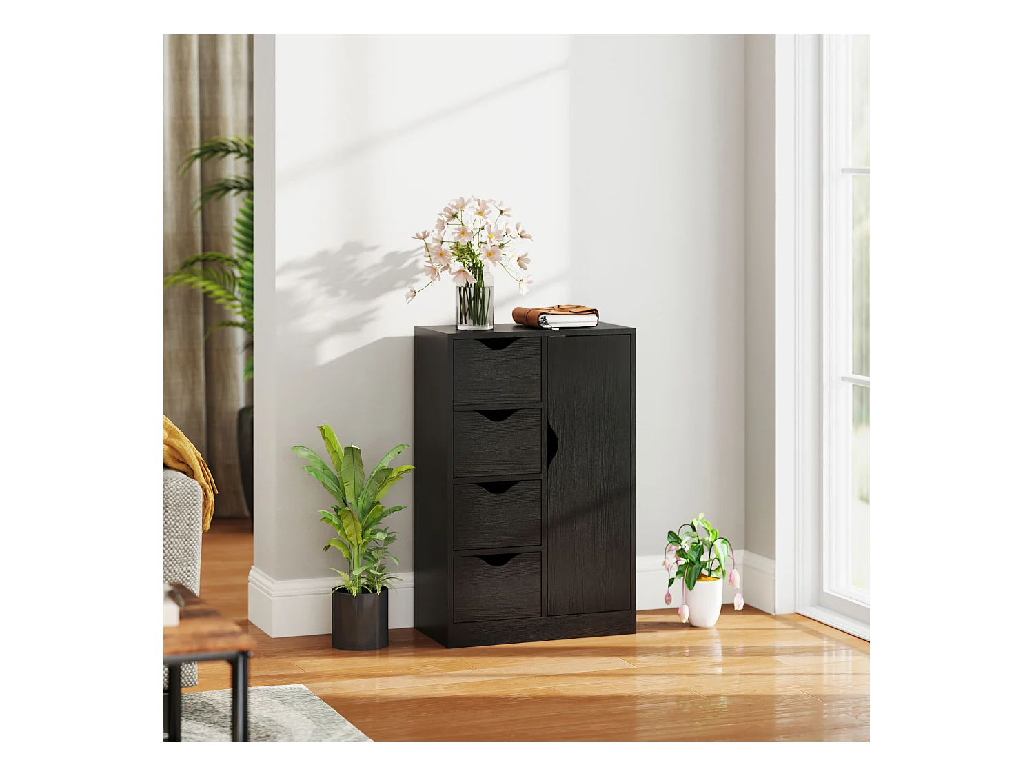 Meuble de rangement moderne 1 porte 4 tiroirs - panneaux particules noir grain de bois