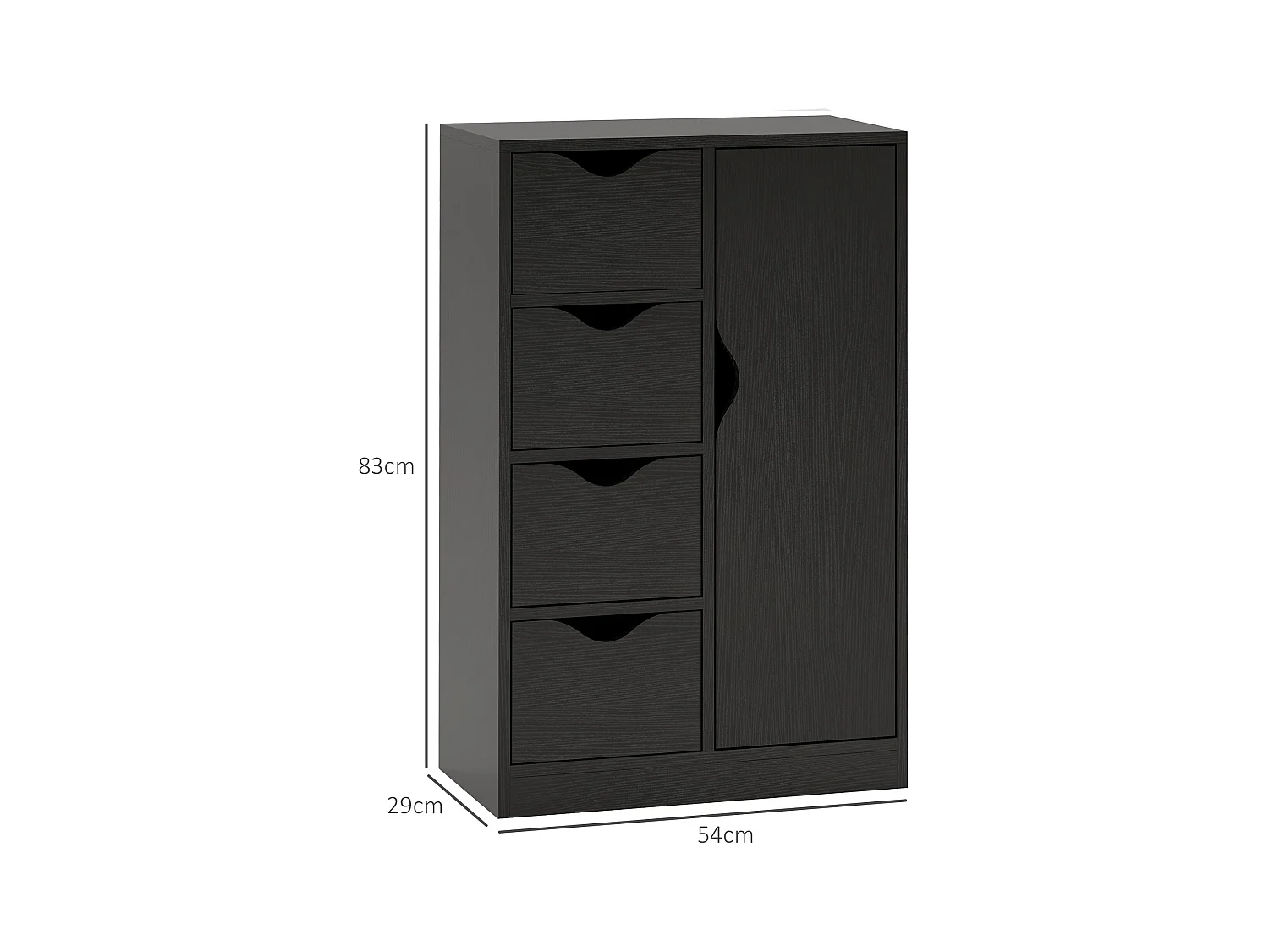 Meuble de rangement moderne 1 porte 4 tiroirs - panneaux particules noir grain de bois