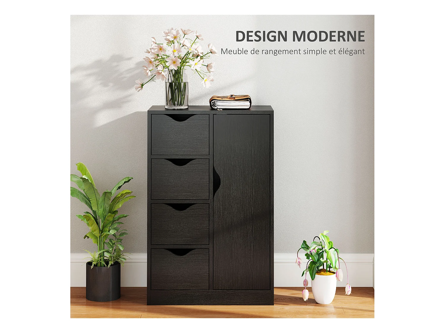 Meuble de rangement moderne 1 porte 4 tiroirs - panneaux particules noir grain de bois