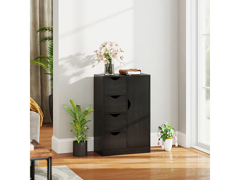 Meuble de rangement moderne 1 porte 4 tiroirs - panneaux particules noir grain de bois