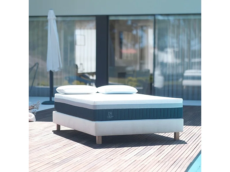 Sommier tapissier beige, Gamme Prestige Hôtel, bois massif + pieds offerts, 140x200cm