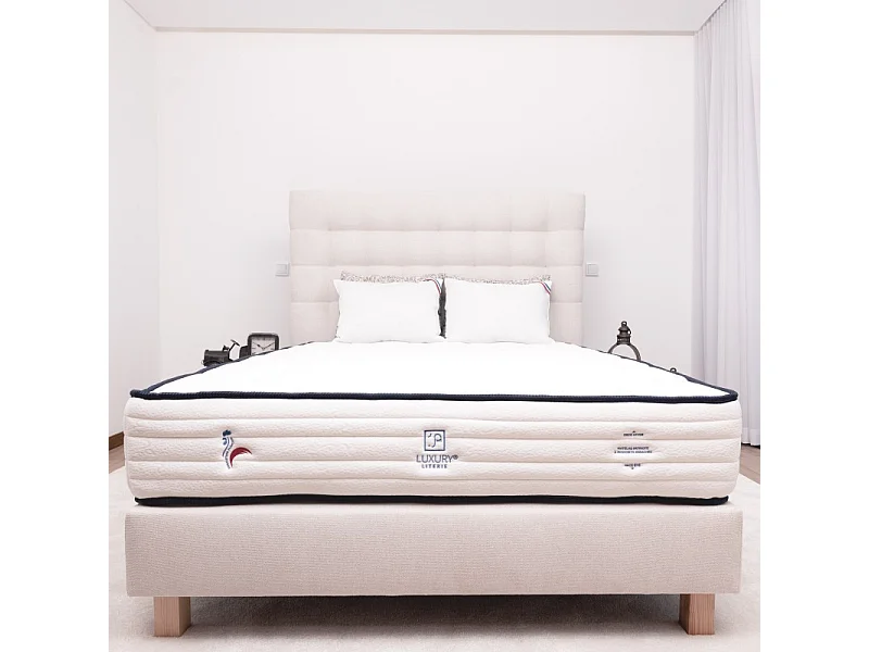 Sommier tapissier beige, Gamme Prestige Hôtel, bois massif + pieds offerts, 140x190cm
