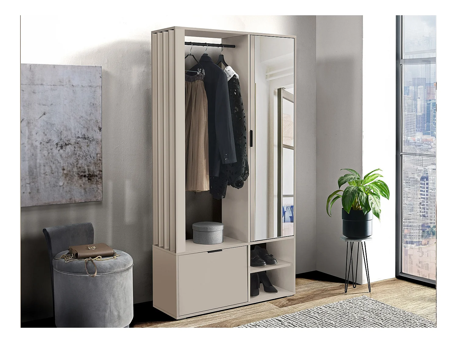 Meuble d'entrée Stanton 145, 190x100x33cm, Miroir, Cachemire, Stratifié, À poser