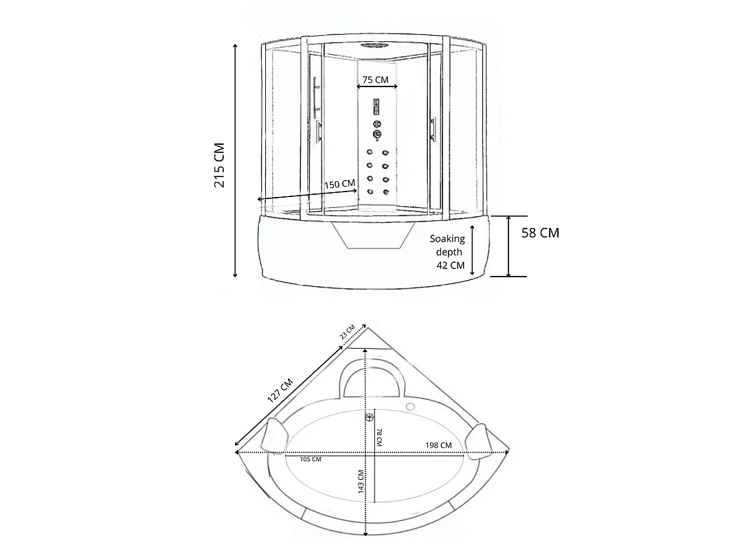 Hoek hydromassage bad-douche 150 x 150 cm – Aphrodite