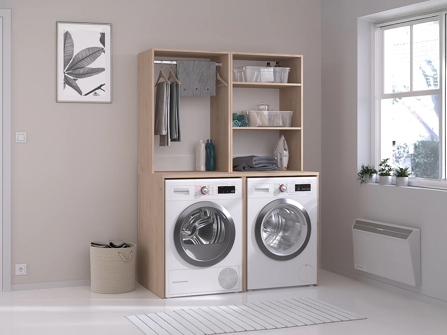 Mueble para 2 lavadoras con perchero y estantes - Natural claro - H184 x L128 cm - ERKANO