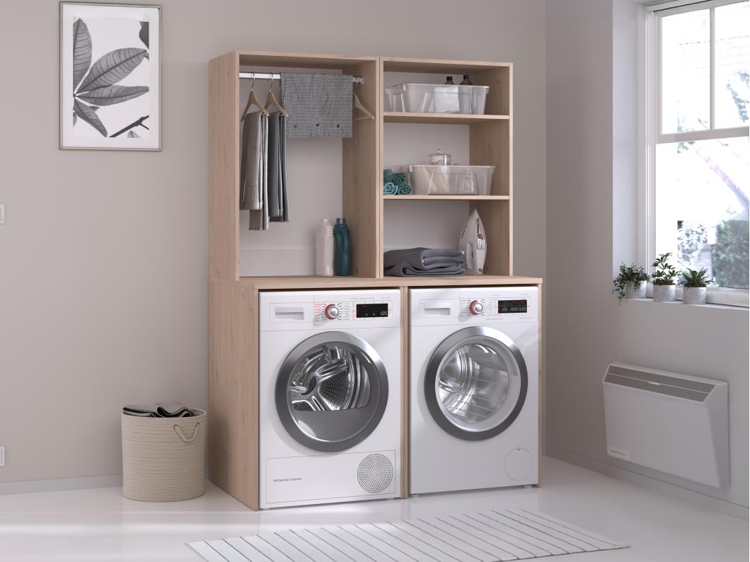 Meubel voor wasmachine en droogkast met hangkast en legplanken - Lichte houtlook - H184 x L128 cm - ERKANO