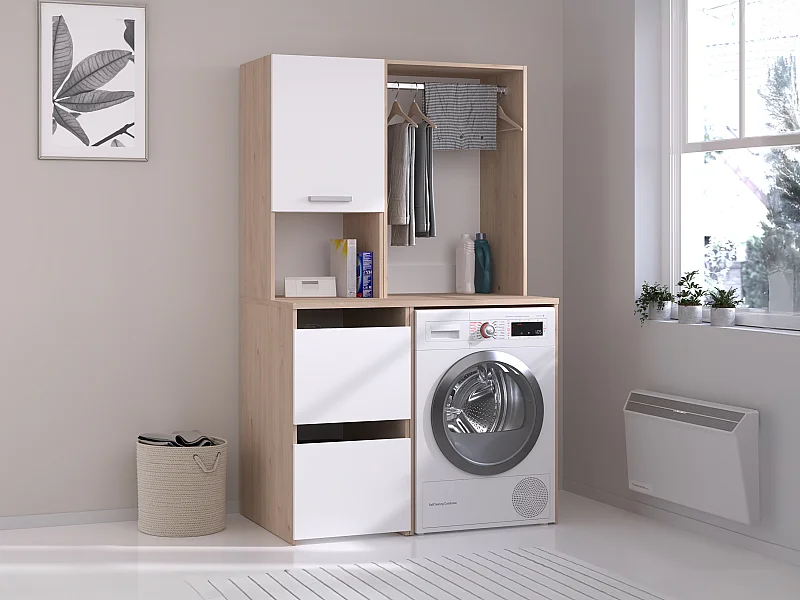 Tvättmaskinsmöbel med garderob och skåp vit och ljus natur 111 x 184 cm ERKANO