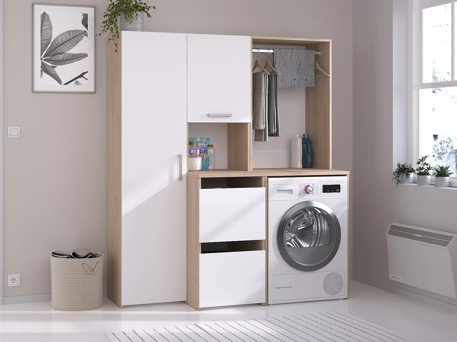 Mueble para lavadora con perchero, armario y columna de almacenamiento - Natural claro y blanco - L157 x A184 cm - ERKANO