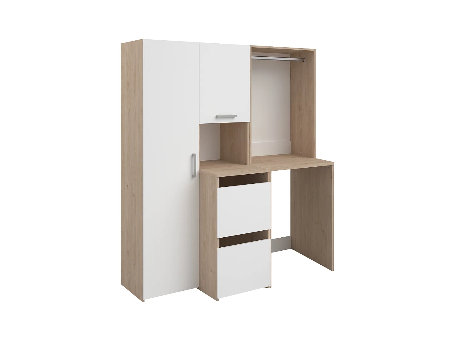 Mueble para lavadora con perchero, armario y columna de almacenamiento - Natural claro y blanco - L157 x A184 cm - ERKANO