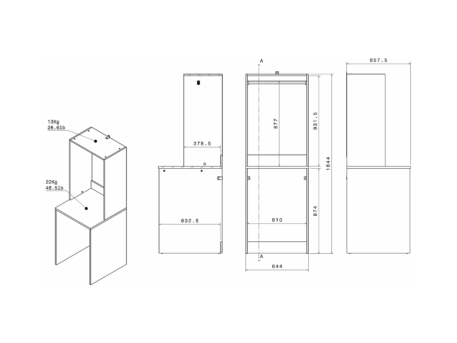Mueble para lavadora con perchero, armario y columna de almacenamiento - Natural claro y blanco - L157 x A184 cm - ERKANO