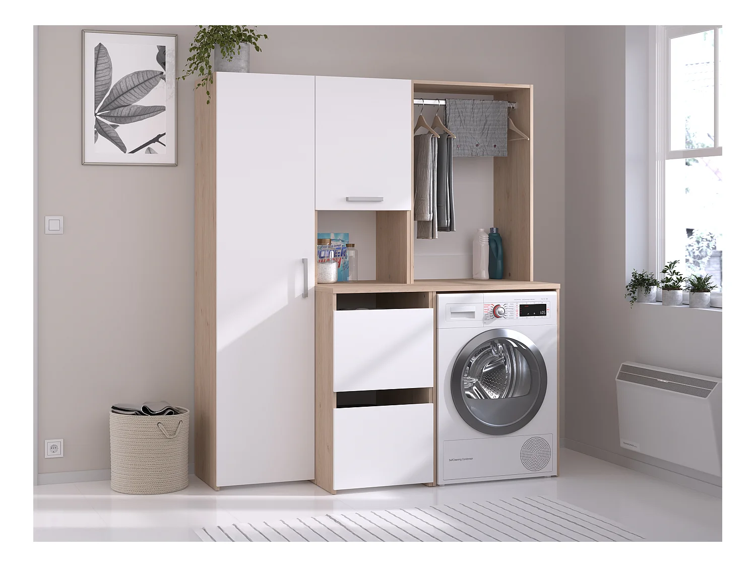 Meuble pour machine à laver avec penderie, placard et colonne de rangement - Naturel clair et blanc - L157 x H184 cm - ERKANO