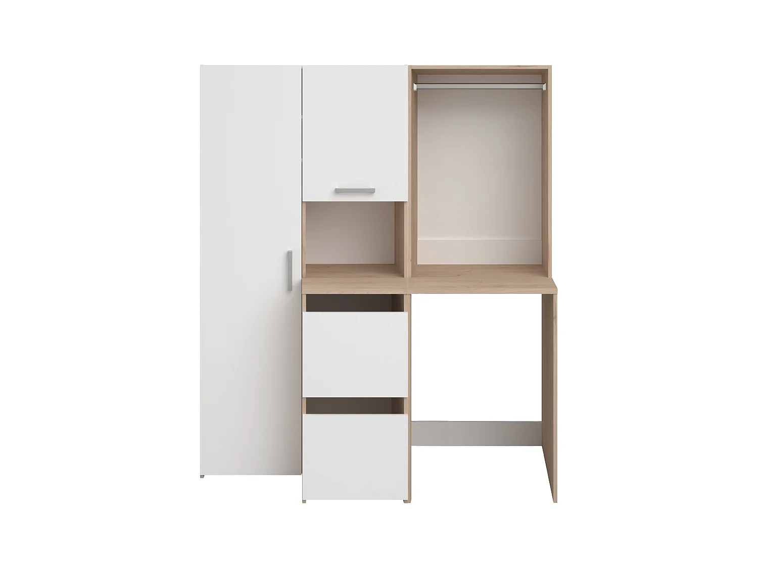 Møbel for vaskemaskin med klesstang, skap og oppbevaringskolonne - Lys naturlig og hvit - L157 x H184 cm - ERKANO