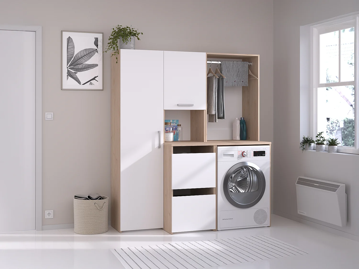 Meubel voor wasmachine met hangkast, opbergvak en kolomkast - Lichte houtlook en wit - L157 x H184 cm - ERKANO