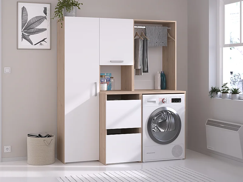 Tvättmaskinsmöbel med klädstång, skåp och smalt skåp vit och ljus natur 157 x 184 cm ERKANO