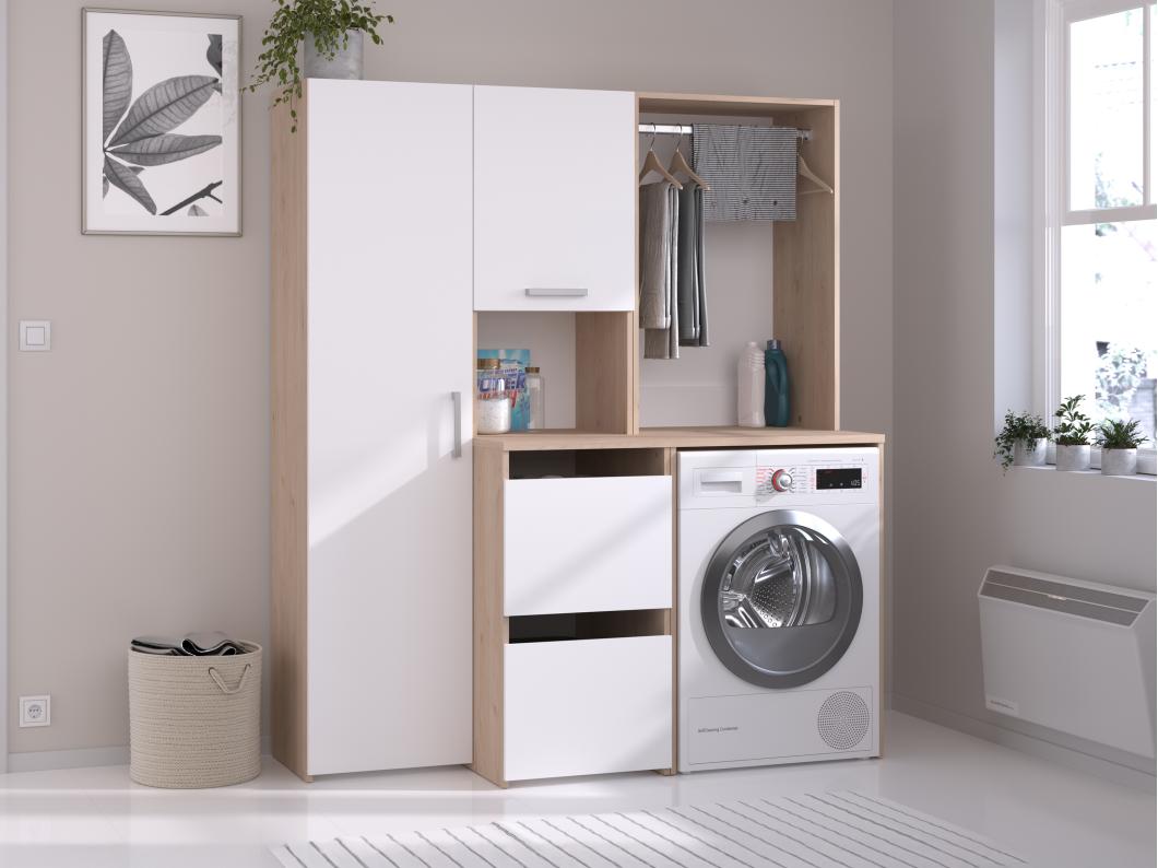 Mobile per lavatrice appendibiancheria, armadietti e colonna natur. chiaro e Bianco L157xH184cm - ERKANO