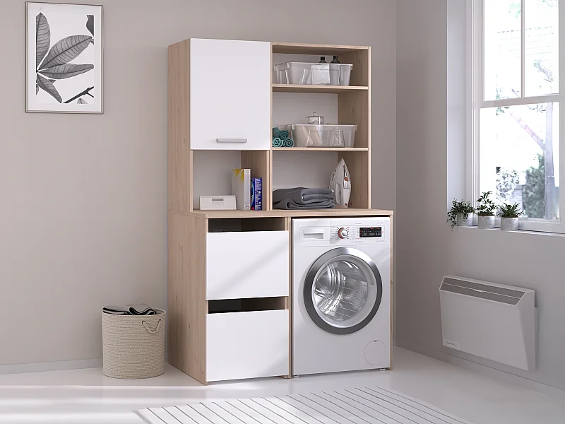 Szafka do pralni z półkami i szafkami - Naturalny jasny i biały - szer. 111 x wys. 184 cm - ERKANO