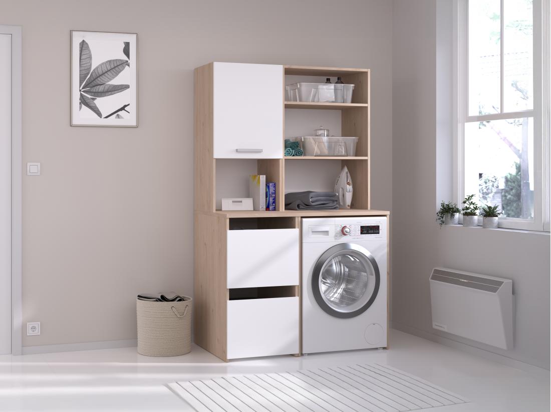 vente unique Meuble pour machine à laver avec étagères et placards - Naturel clair et blanc - L111 x H184 cm - ERKANO