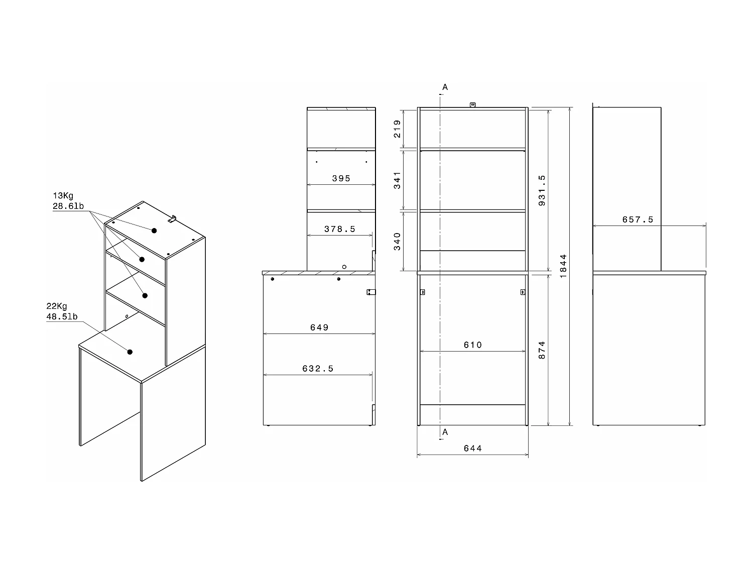 Meubel voor wasmachine met legplanken, opbergvakken en kolomkast - Lichte houtlook en wit - L156 x H184 cm - ERKANO