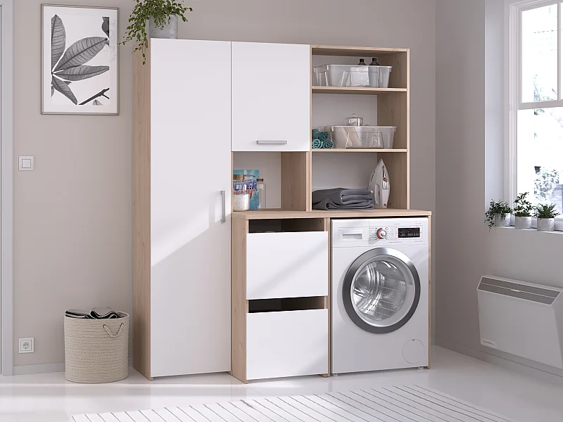 Mobile per lavatrice con scaffali, armadi e colonna portaoggetti natur. chiaro e Bianco L156xH184cm  - ERKANO