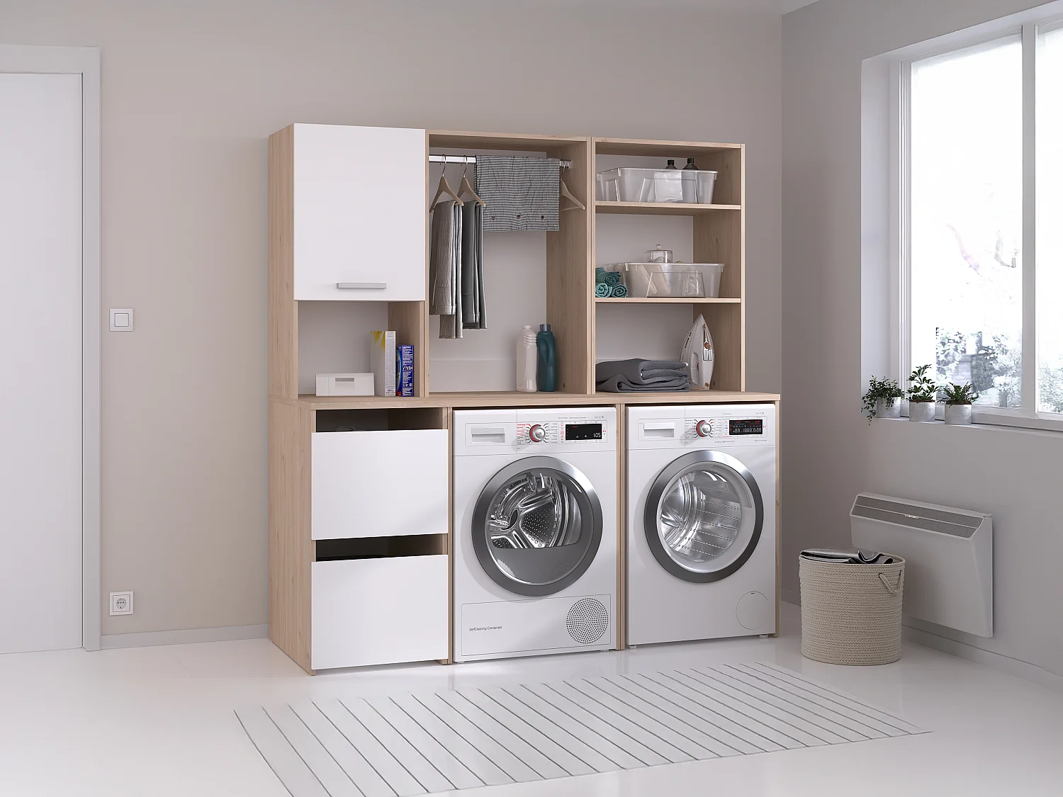 Meuble pour 2 machines à laver avec étagères, penderie et placards - Naturel clair et blanc - L176 x H184 x P66 cm - ERKANO