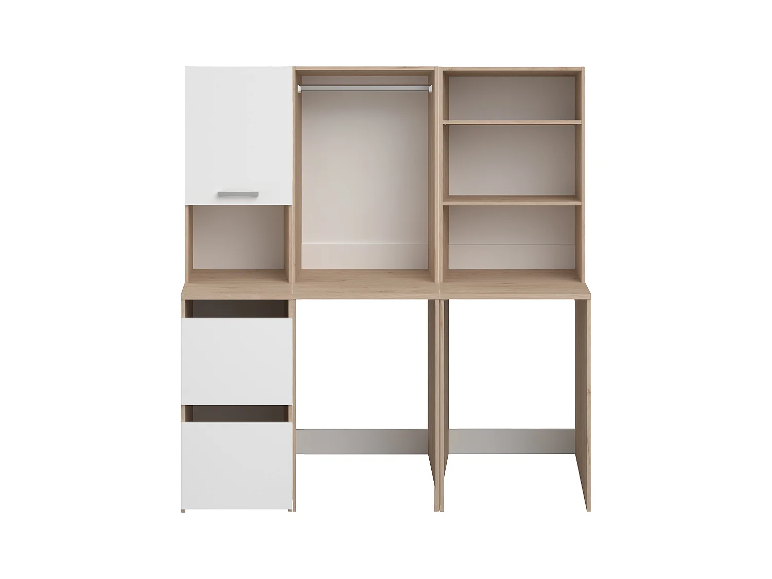 Móvel para 2 máquinas de lavar com prateleiras, barra de pendurados e armários natural claro e branco C176 x A184 x L66 cm - ERKANO