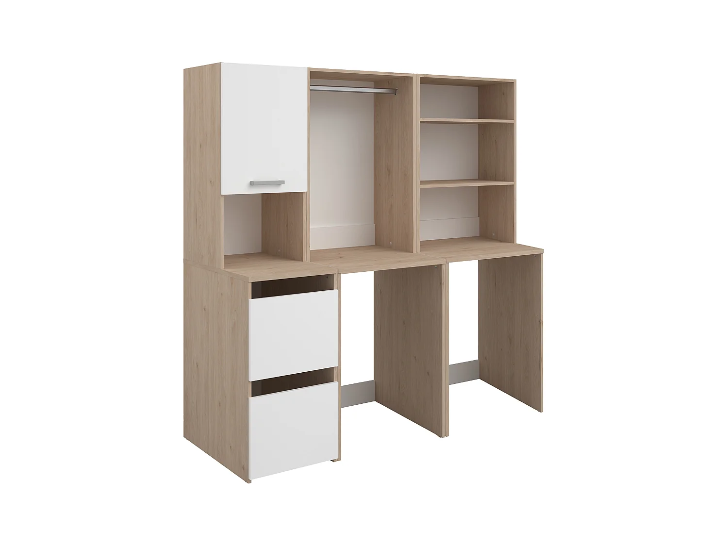 Møbel for 2 vaskemaskiner med hyller, garderobeskap og skap - Lys naturlig og hvit - B176 x H184 x D66 cm - ERKANO