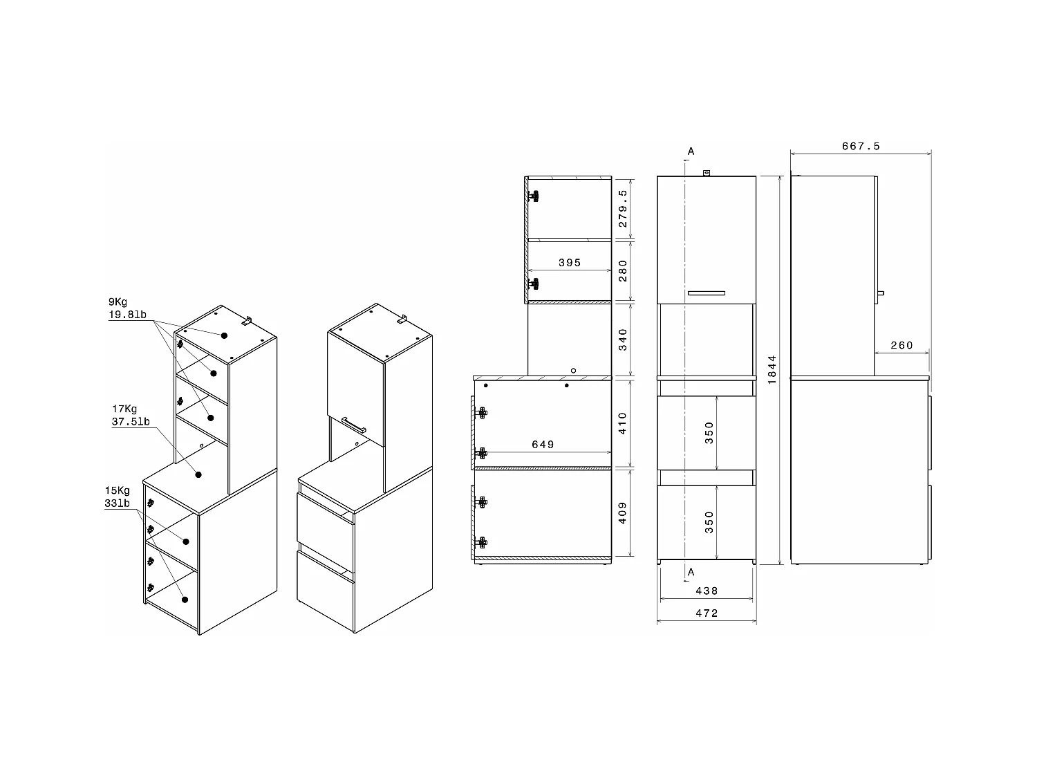 Møbel for 2 vaskemaskiner med hyller, garderobeskap og skap - Lys naturlig og hvit - B176 x H184 x D66 cm - ERKANO