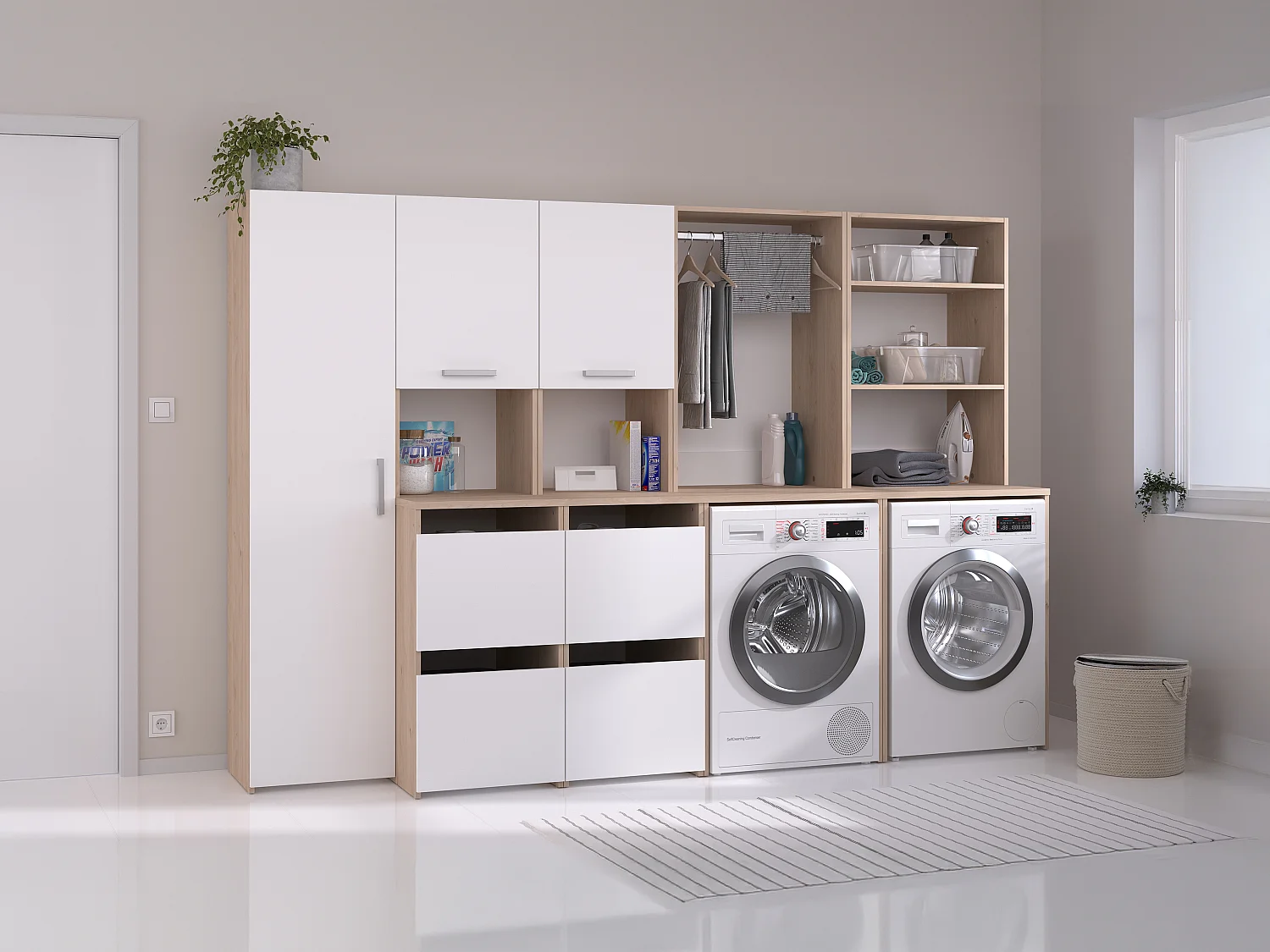 Meuble pour 2 machines à laver avec étagères, penderie, placard et colonne - Naturel clair et blanc - L269 x H184 cm - ERKANO