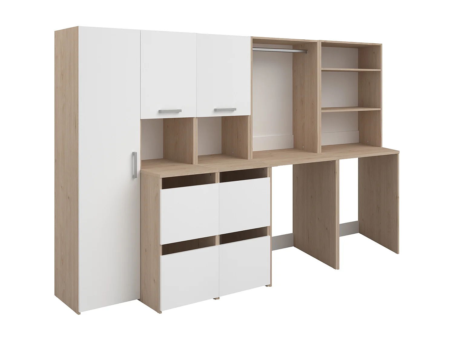 Möbel für 2 Waschmaschinen mit Regalen, Kleiderstange, Schrank & Hochschrank - Holzfarben hell & Weiß - 269 x 184 cm - ERKANO