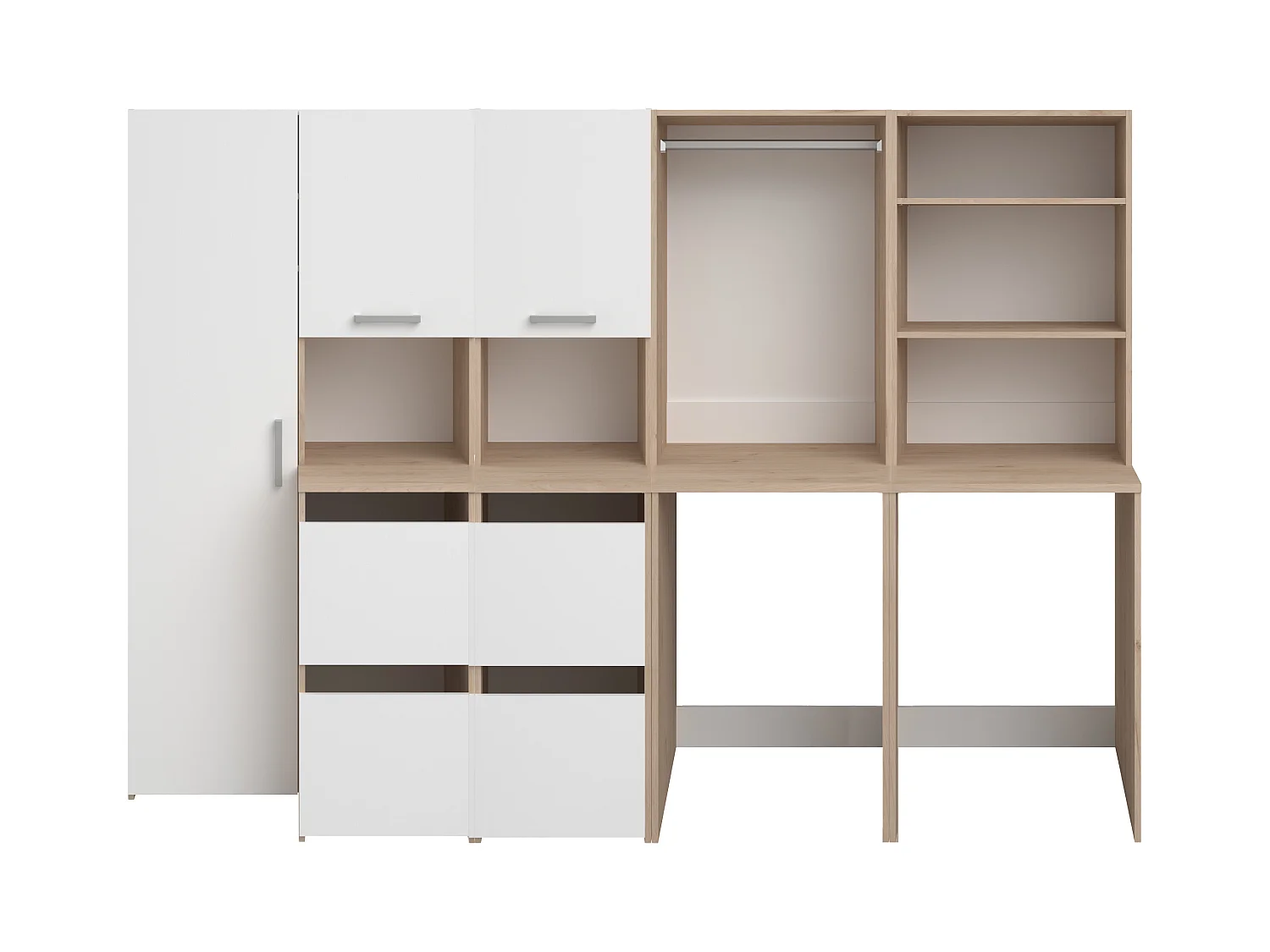 Møbel for 2 vaskemaskiner med hyller, garderobeskap, skap og høyskap - Lys naturlig og hvit - L269 x H184 cm - ERKANO