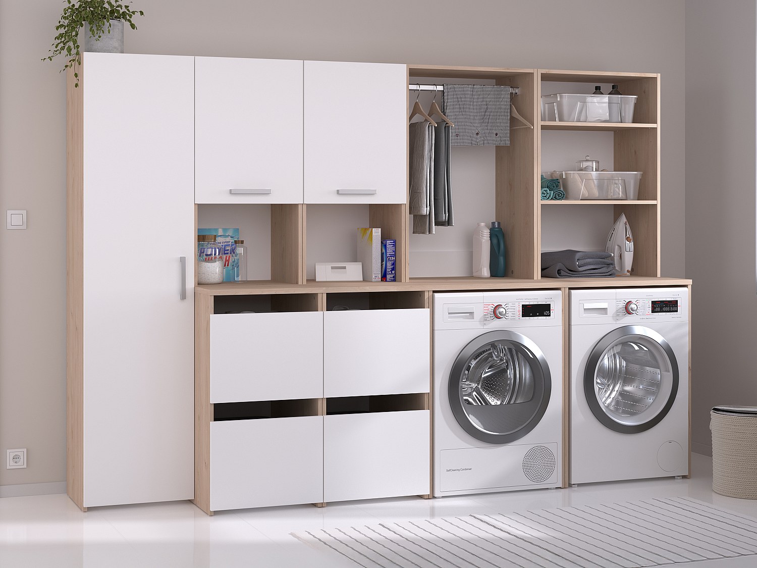 Møbel for 2 vaskemaskiner med hyller, garderobeskap, skap og høyskap - Lys naturlig og hvit - L269 x H184 cm - ERKANO