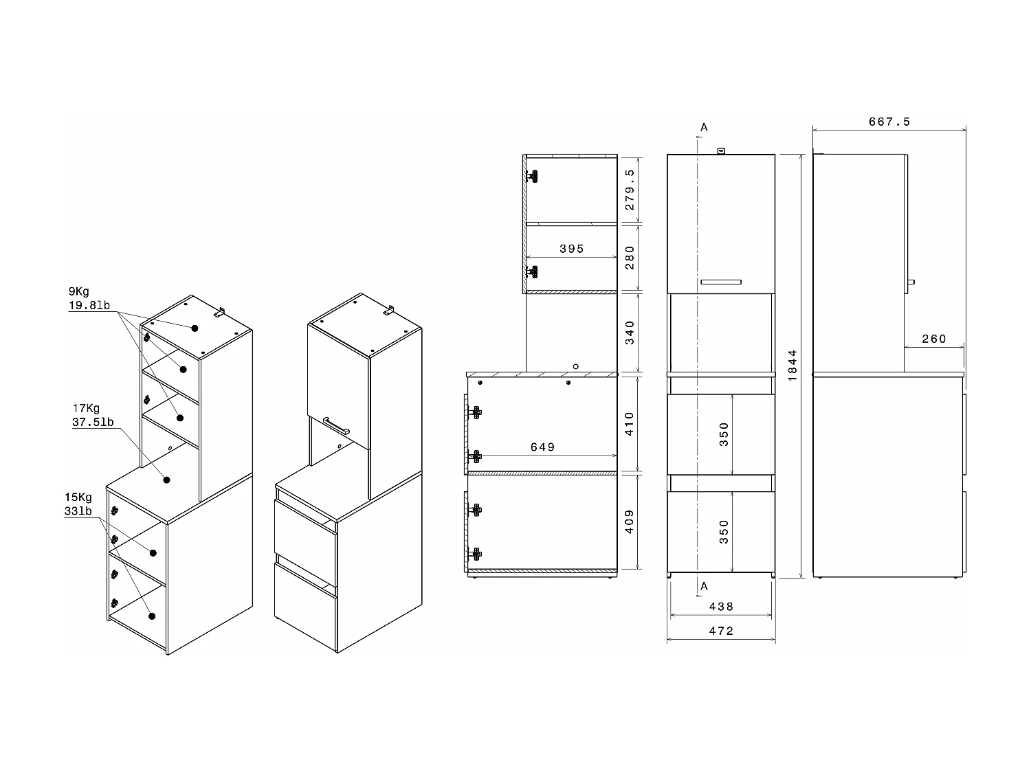 Meubel voor 2 was/droogmachines met legplanken, hangkast, opbergvak en kolomkast - Lichte houtlook en wit - L269 x H184 cm - ERKANO
