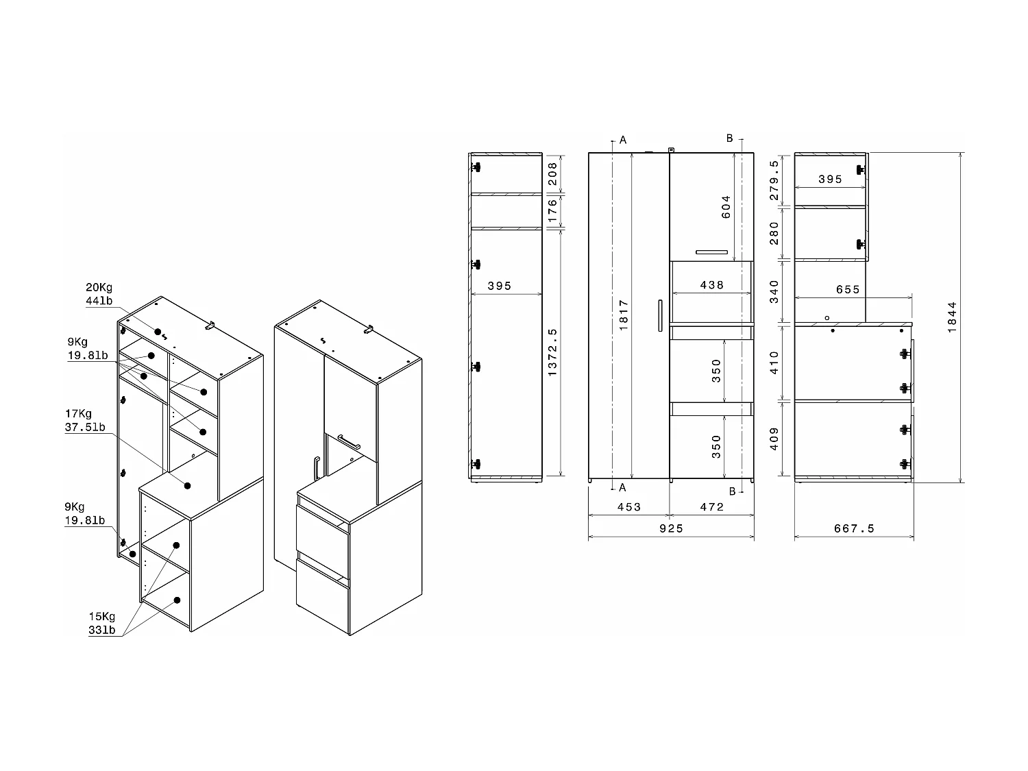 Meubel voor 2 was/droogmachines met legplanken, hangkast, opbergvak en kolomkast - Lichte houtlook en wit - L269 x H184 cm - ERKANO