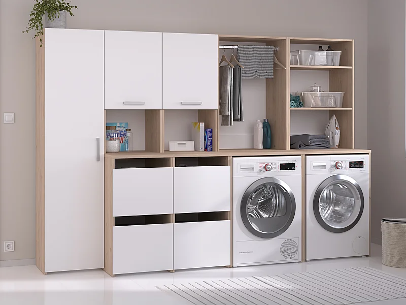 Meuble pour 2 machines à laver avec étagères, penderie, placard et colonne - Naturel clair et blanc - L269 x H184 cm - ERKANO