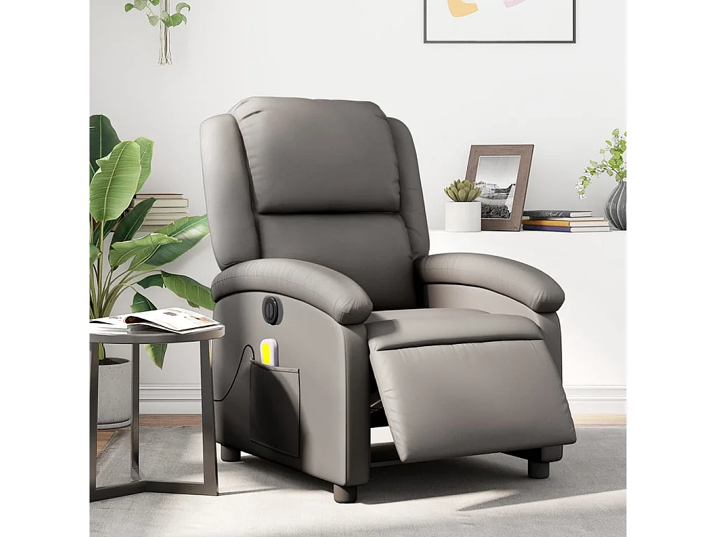 Fauteuil de massage inclinable électrique gris cuir véritable