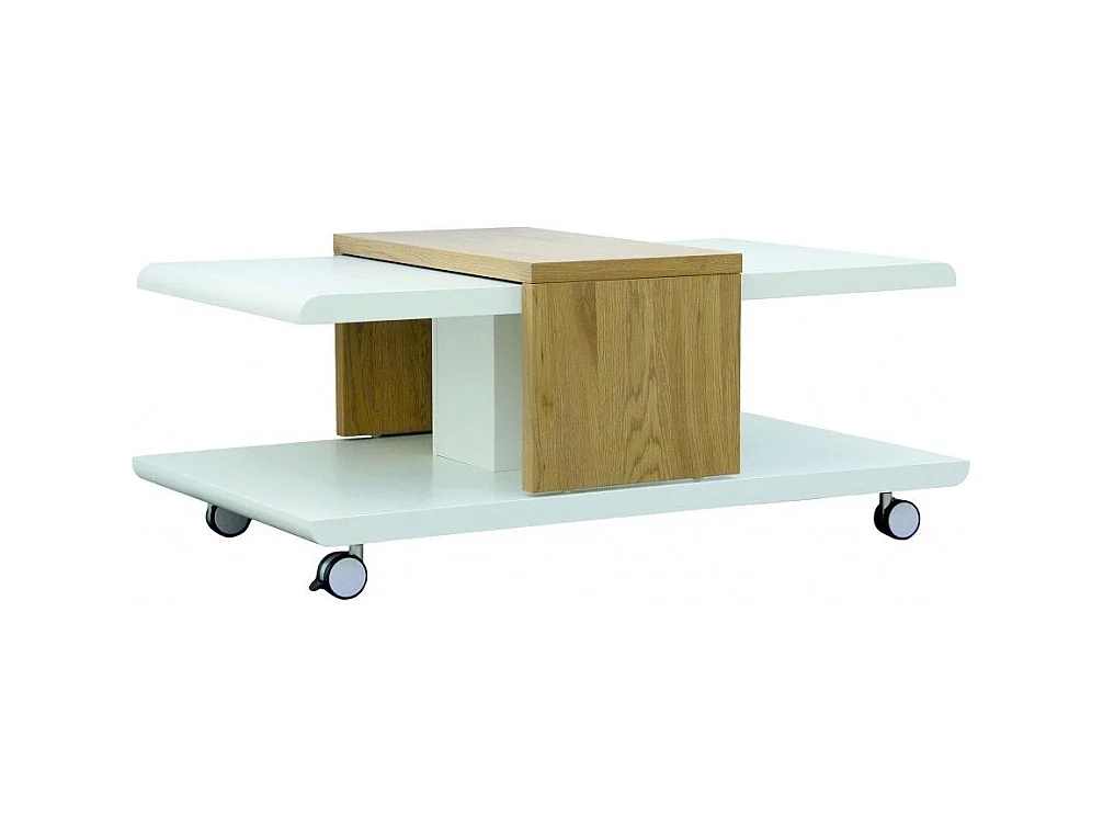 Toji salontafel van wit hout en licht eiken op wielen 110 cm
