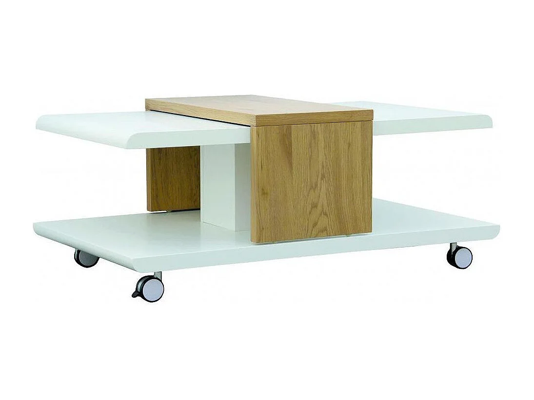 Toji salontafel van wit hout en licht eiken op wielen 110 cm