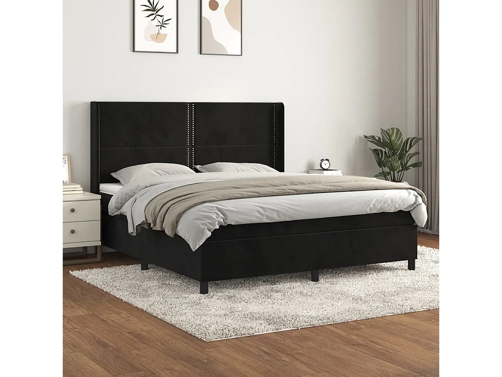 Cama box spring con colchón terciopelo negro 160x200 cm