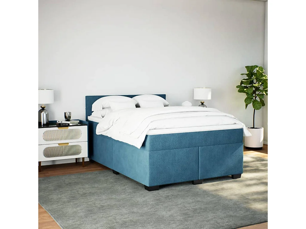 Cama box spring con colchón terciopelo azul oscuro 140x200 cm