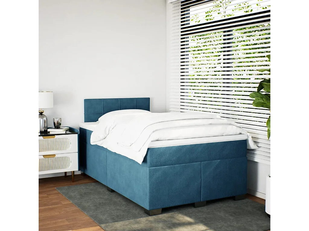 Cama box spring con colchón terciopelo azul oscuro 120x190 cm