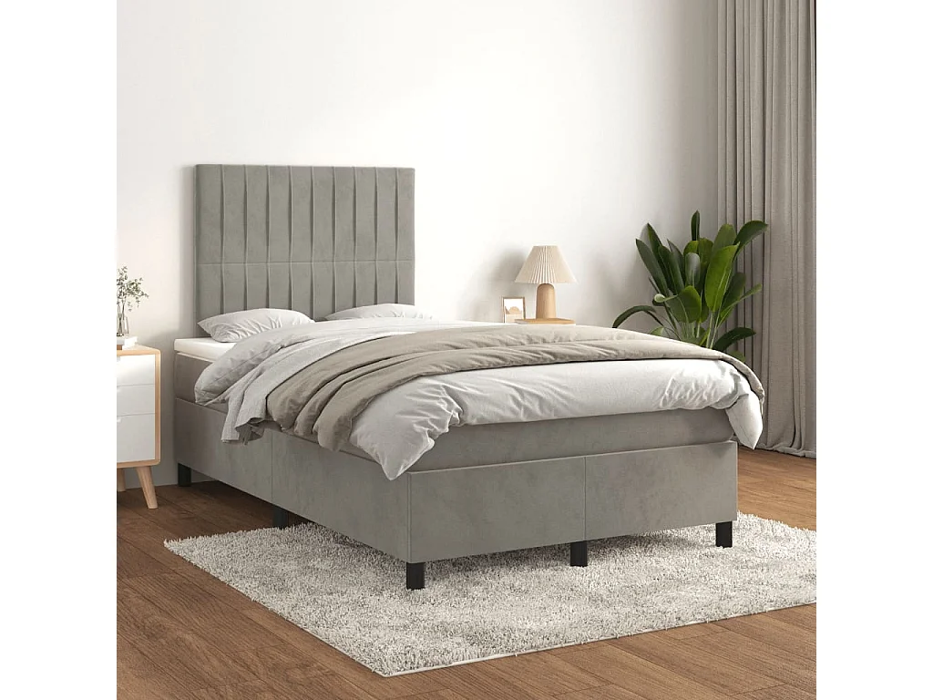Cama box spring con colchón terciopelo gris claro 120x190 cm