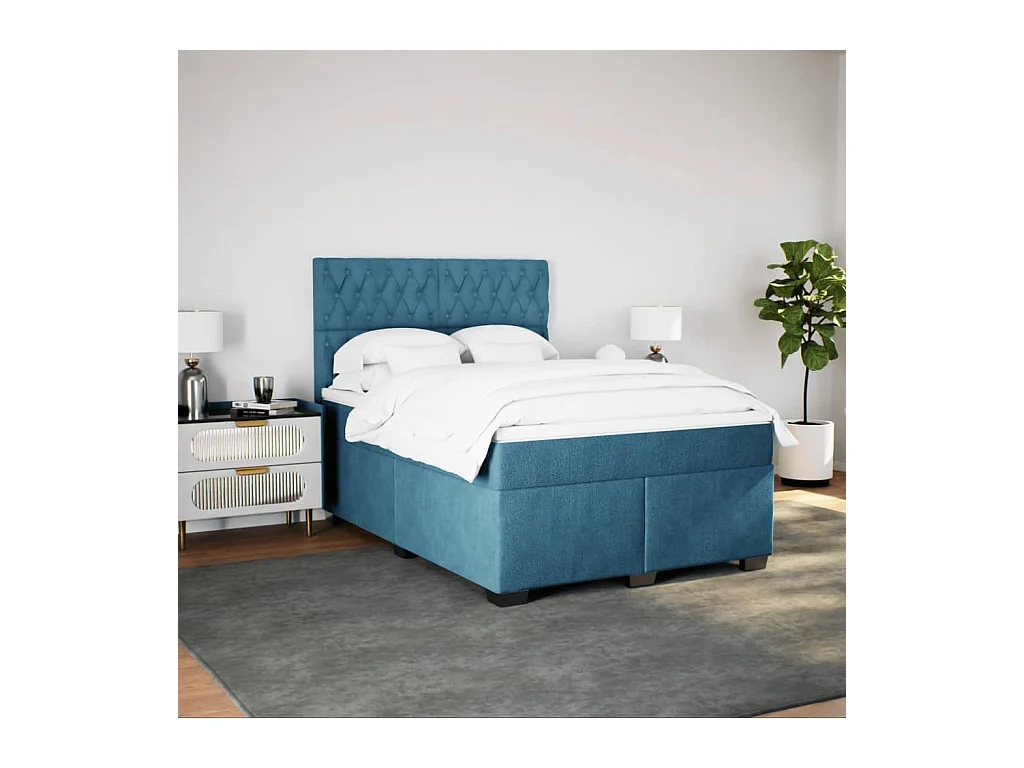 Sommier à lattes de lit et matelas bleu 140x200 cm velours