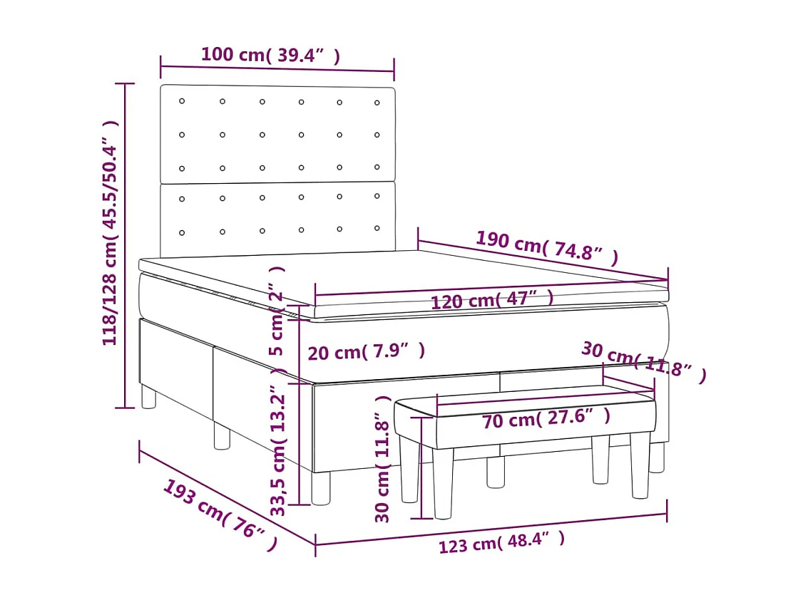Sommier à lattes de lit et matelas gris foncé 120x190cm velours