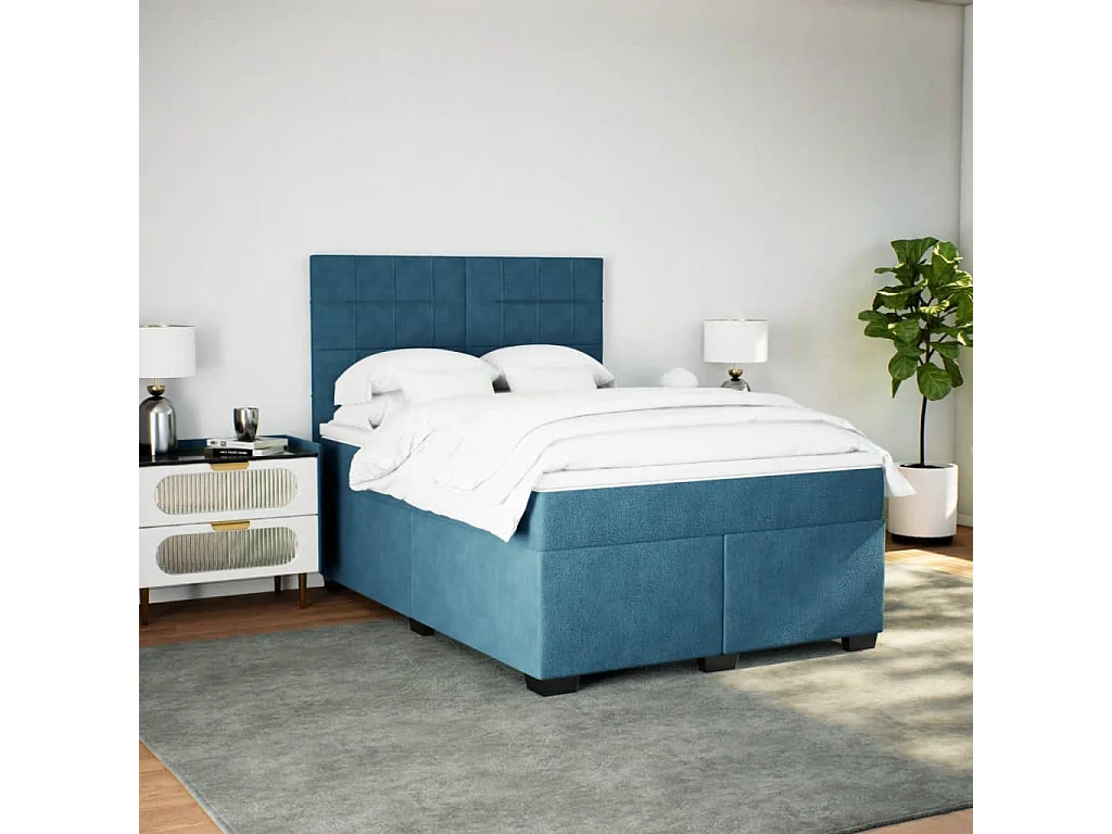 Cama box spring con colchón terciopelo azul 140x200 cm