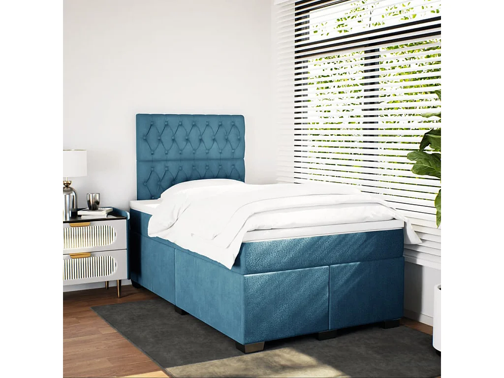 Cama box spring con colchón terciopelo azul 120x190 cm