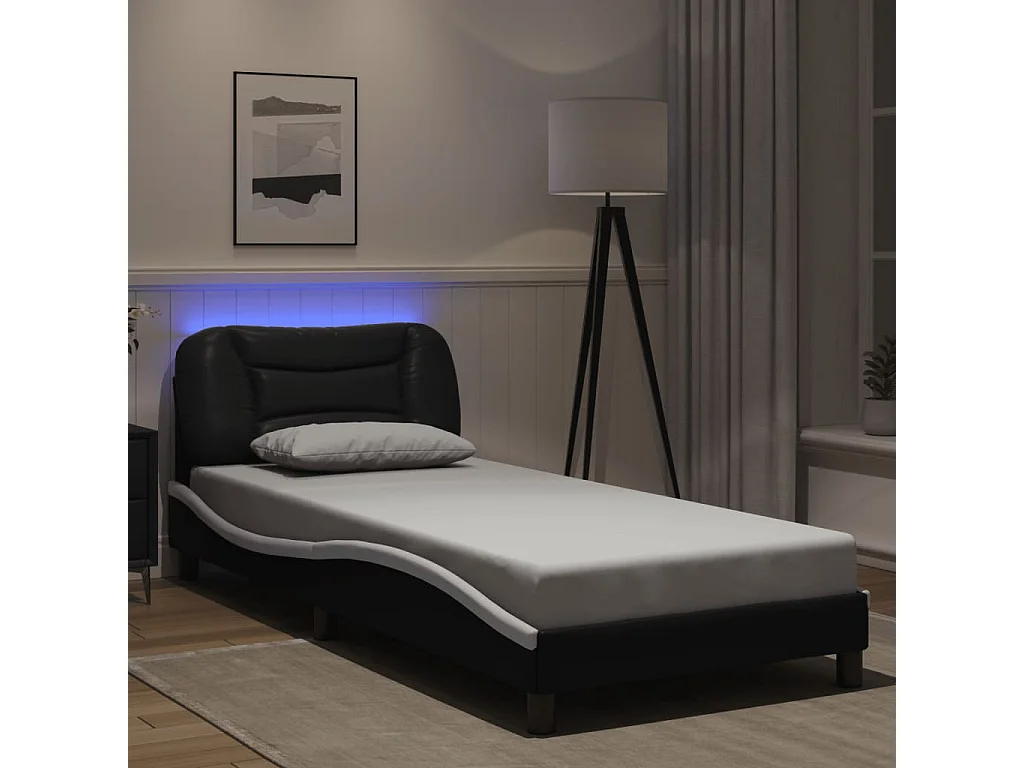 Bettgestell mit LED Schwarz und Weiß 90x190 cm Kunstleder