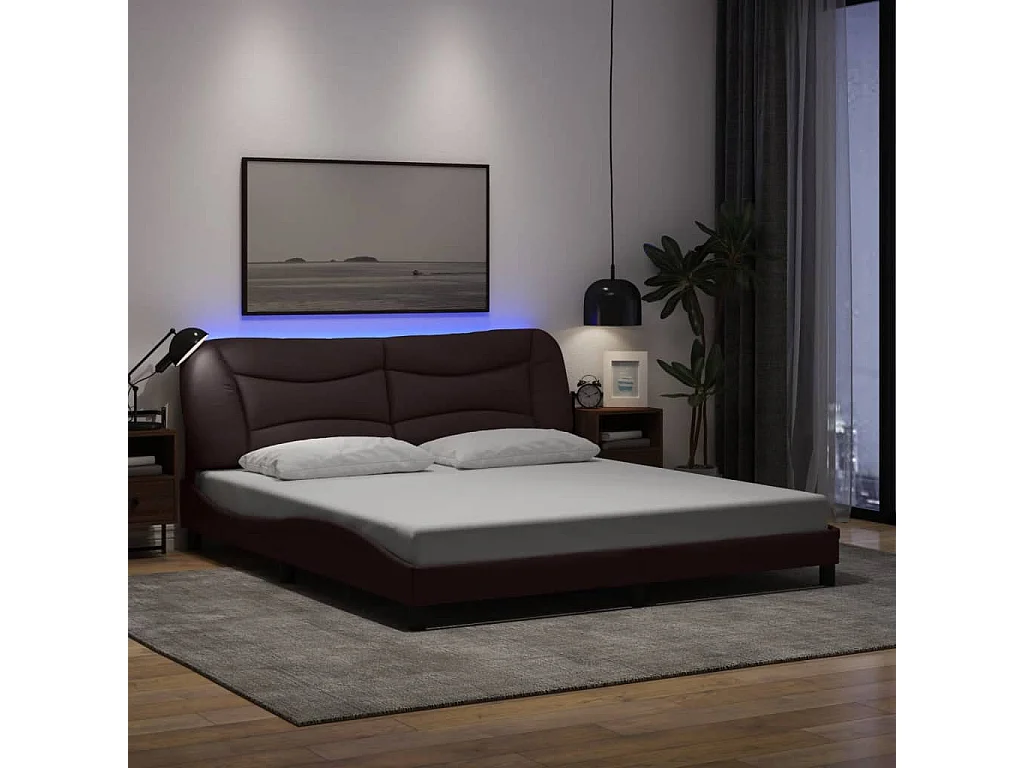 Cadre de lit avec LED sans matelas marron foncé 180x200cm tissu